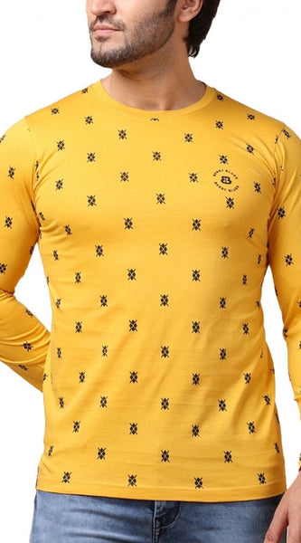 Mayawye Men's Casual Cotton Printed Round Neck Full Sleeve T-Shirt (Mustard)