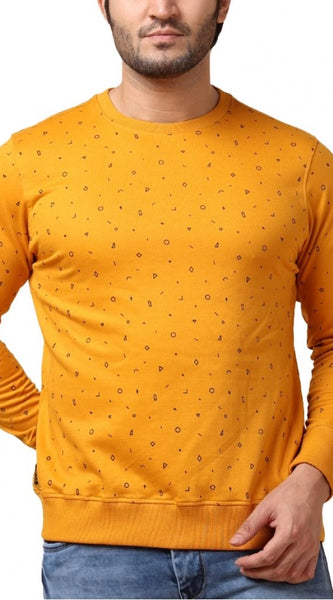 Mayawye Men's Casual Cotton Printed Round Neck Full Sleeve Sweat T-Shirt (Mustard)