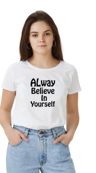 Mayawye Women's Polyester Solid Printed Round Neck Half Sleeve T-shirt (White)