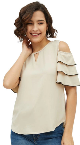 Mayawye Women's Polyester Tiered Cold Shoulder Top (Beige)