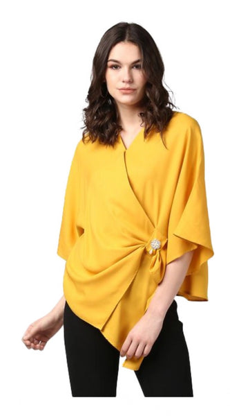 Mayawye Women's Polyester Solid Cape Sleeve Top (Yellow)