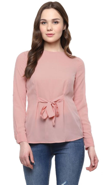 Mayawye Women's Polyester Solid Long Sleeves Regular Top (Pink)