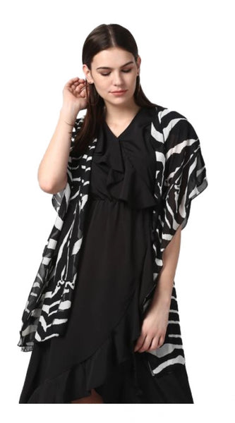 Mayawye Women's Polyester Printed Short Sleeve Shrug (Black)