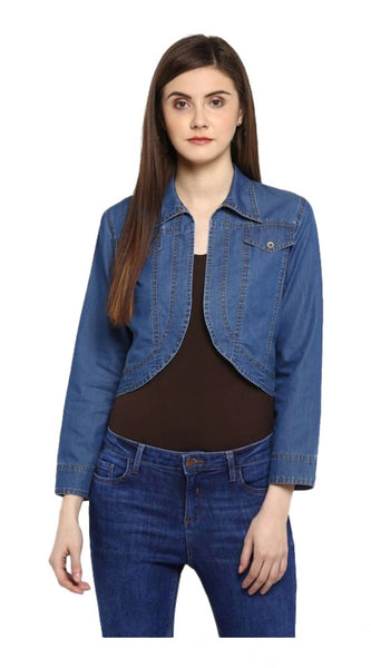 Mayawye Women's Denim Solid 3-4th Sleeves Shrug (Blue)