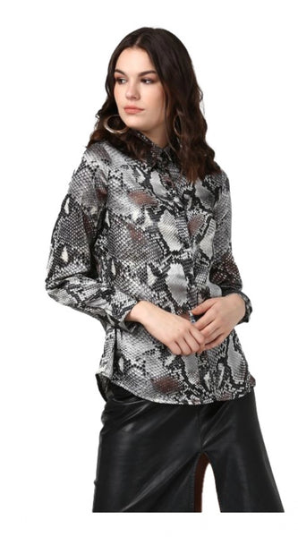 Mayawye Women's Satin Animal Print Long Sleeves Standard Length Shirt (Black - Grey)