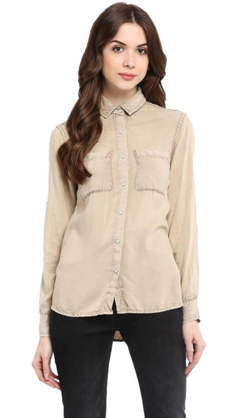 Mayawye Women's Rayon Solid Long Sleeves Standard Length Shirt (Beige)