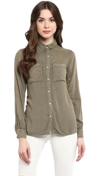 Mayawye Women's Rayon Solid Long Sleeves Standard Length Shirt (Olive Green)