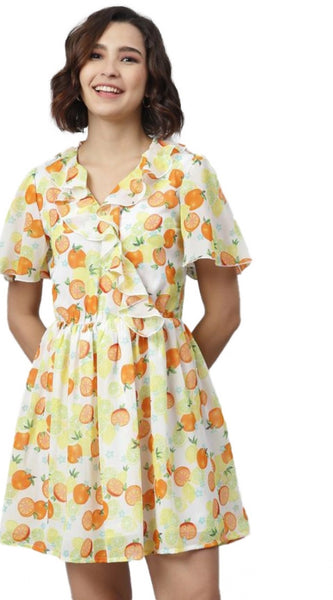 Mayawye Women's Polyester Printed Flutter Above Knee Dress (Yellow - Orange)