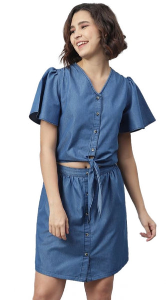 Mayawye Women's Denim Solid Flutter Above Knee Dress (Blue)