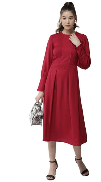 Mayawye Women's Polyester Pintuck Long Sleeves Below Knee Dress (Red)