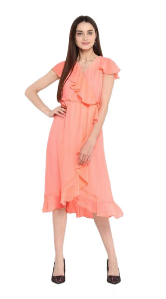 Mayawye Women's Polyester Ruffled Cap Sleeve Below Knee Dress (Neon Pink)