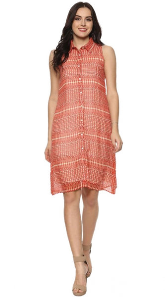 Mayawye Women's Polyester Printed Sleeveless Above Knee Dress (Orange)