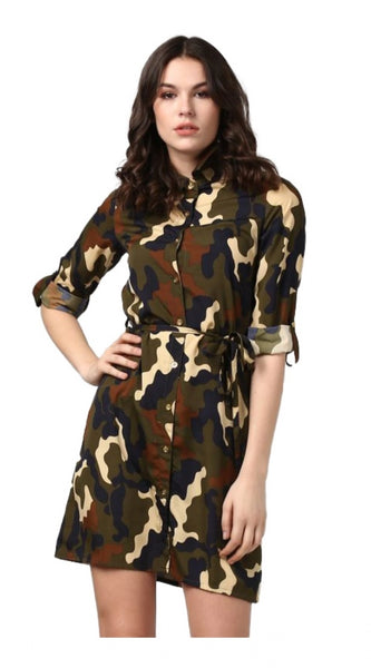 Mayawye Women's Polyester Printed Roll Up Sleeve Tunic Top (Green - Black)
