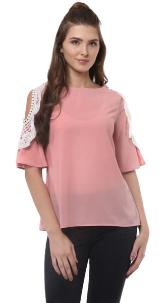 Mayawye Women's Polyester Lace Inserts Half Sleeve Top (Pink)