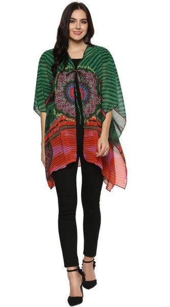 Mayawye Women's Polyester Printed Kaftan Sleeve Shrug (Green - Multicolor)