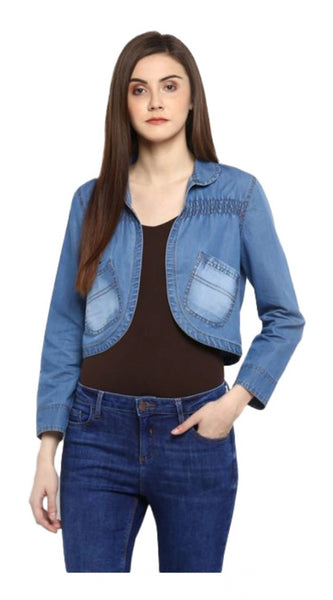 Mayawye Women's Denim Smocking 3-4th Sleeves Shrug (Blue)