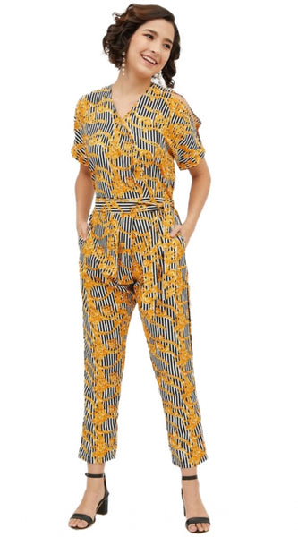 Mayawye Women's Polyester Printed Half Sleeve Long Jumpsuit (Yellow)