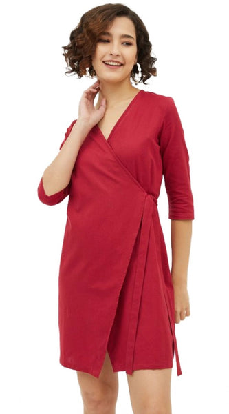 Mayawye Women's Cotton Wrap 3-4th Sleeves Above Knee Dress (Maroon)