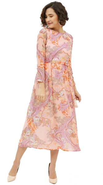 Mayawye Women's Polyester Printed Long Sleeves Calf-length Dress (Multicolor)