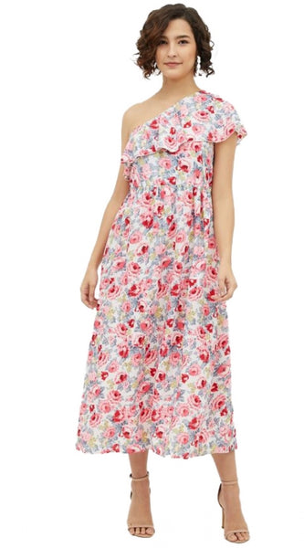 Mayawye Women's Polyester Floral One Shoulder Calf-length Dress (Multicolor)