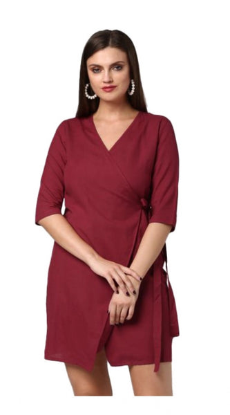 Mayawye Women's Cotton Solid 3-4th Sleeves Above Knee Dress (Maroon)