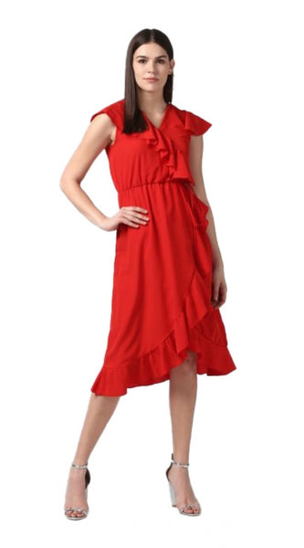 Mayawye Women's Polyester Ruffled Cap Sleeve Knee-Length Dress (Red)