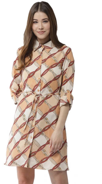 Mayawye Women's Polyester Printed Roll Up Sleeve Above Knee Dress (Off White - Brown)