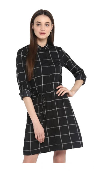 Mayawye Women's Polyester Checkered Roll Up Sleeve Above Knee Dress (Black - White)