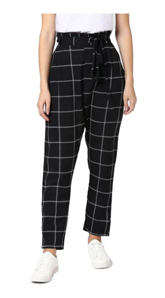 Mayawye Women's Polyester Checkered Elasticated Trousers (Black - White)
