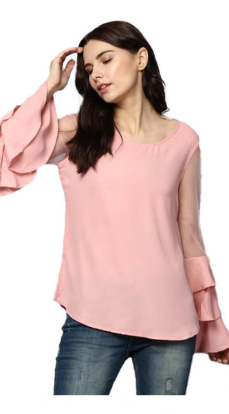 Mayawye Women's Polyester Solid Tier Sleeve Top (Pink)