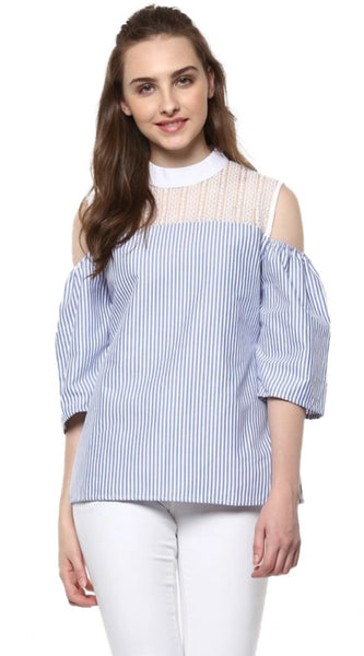 Mayawye Women's Cotton Striped Cold Shoulder Top (Blue)