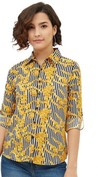 Mayawye Women's Polyester Printed Roll Up Sleeve Standard Length Shirt (Mustared)