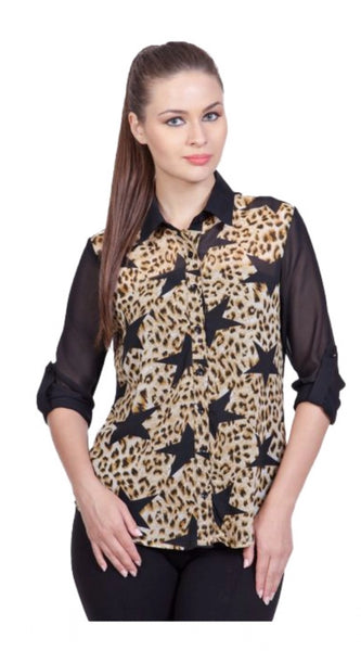 Mayawye Women's Polyester Printed Roll Up Sleeve Standard Length Shirt (Black)