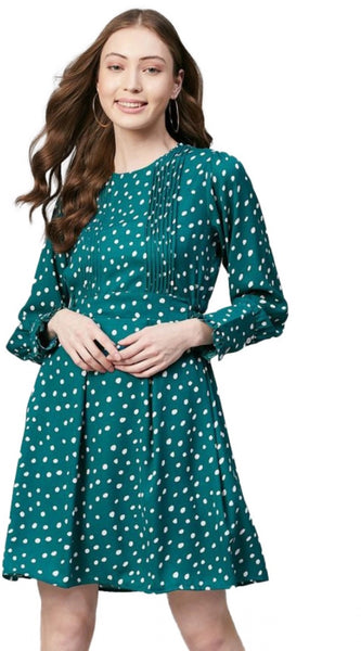 Mayawye Women's Polyester Polka Long Sleeves Above Knee Dress (Green - White)