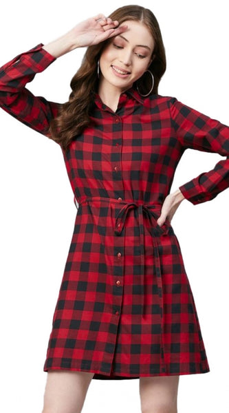 Mayawye Women's Cotton Checkered Long Sleeves Above Knee Dress (Red - Black)