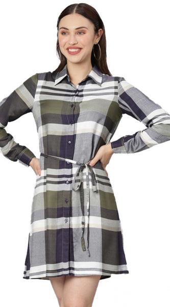 Mayawye Women's Cotton Checkered Long Sleeves Above Knee Dress (Olive - White)