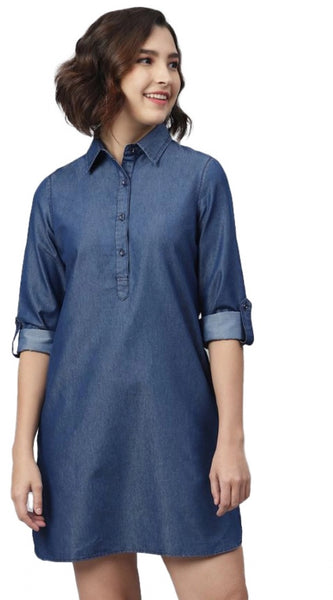 Mayawye Women's Denim Solid Long Sleeves Above Knee Dress (Navy Blue)