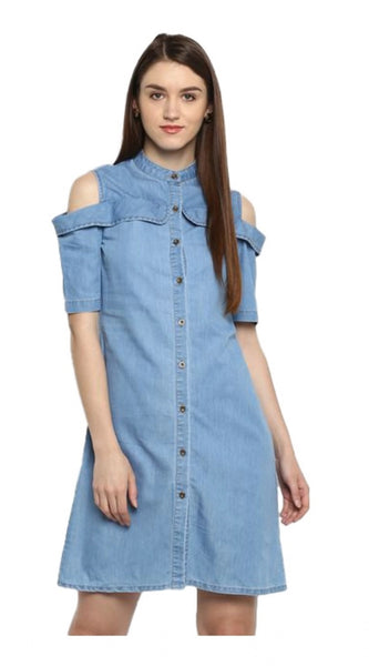 Mayawye Women's Denim Solid Cold Shoulder Above Knee Dress (Blue)