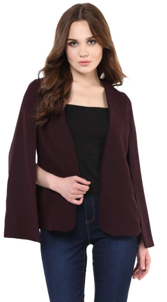 Mayawye Women's Polyester Solid Cape Sleeve Blazer (Wine)