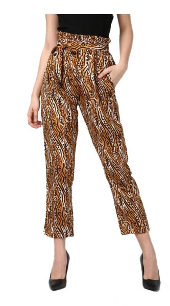 Mayawye Women's Polyester Animal Print Elasticated Trousers (Orange - Black)