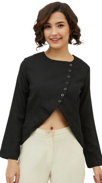 Mayawye Women's Polyester Asymmetrical Long Sleeves Top (Black)