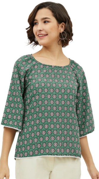 Mayawye Women's Polyester Printed 3-4th Sleeves Top (Green)