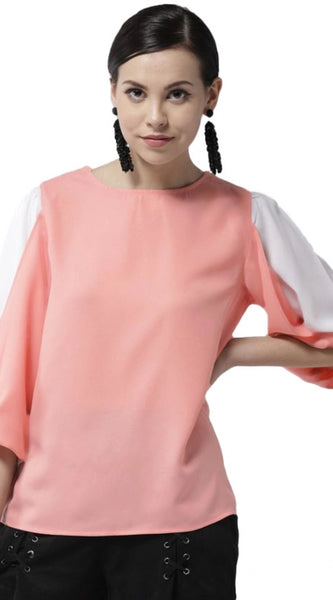 Mayawye Women's Polyester Colour Block Slit Sleeve Top (Pink)