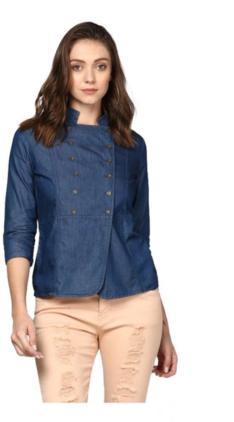 Mayawye Women's Denim Solid 3-4th Sleeves Top (Blue)