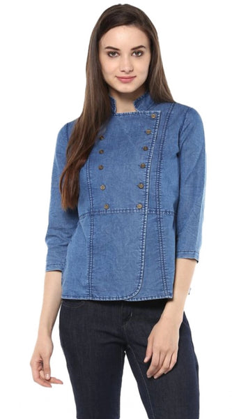 Mayawye Women's Denim Solid 3-4th Sleeves Regular Top (Blue)