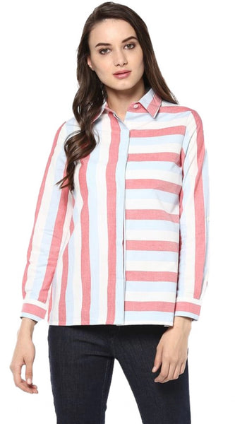 Mayawye Women's Cotton Striped Roll Up Sleeve Regular Top (Red)