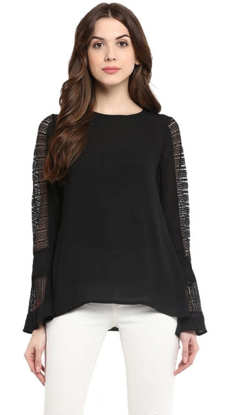 Mayawye Women's Polyester Georgette Self Design Bell Sleeve Regular Top (Black)