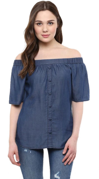 Mayawye Women's Denim Solid Short Sleeve Regular Top (Blue)