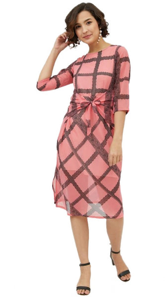 Mayawye Women's Polyester Checkered 3-4th Sleeves Below Knee Dress (Pink)