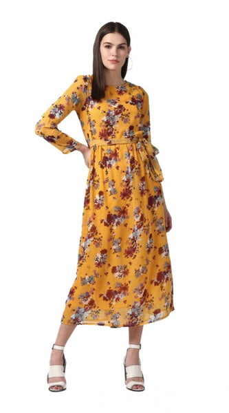 Mayawye Women's Polyester Floral Long Sleeves Calf-length Dress (Yellow)